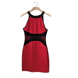 Red Black Halter Neck Mesh Mini Bodycon Dress